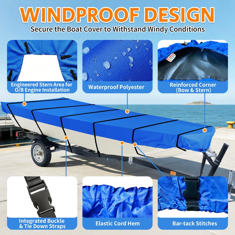 iCOVER Jon Boat Cover 14ft, Heavy Duty Waterproof Marine Grade Polyester Canvas Mooring Cover, Anti-UV Trailerable Jon Boat Covers, Fits Boats 14' Long Beam Width up to 70", Blue - Image 2